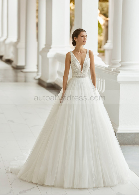 Beaded Ivory Lace Tulle V Back Fashion Wedding Dress